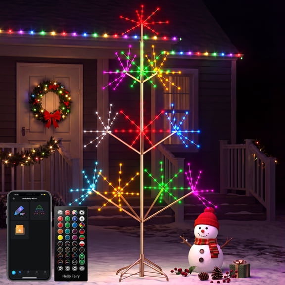 6FT Smart RGB Firework Tree Light 308 Color Changing LEDs Outdoor Decorative Tree Bluetooth App Remote Control Music Sync DIY Modes Timer Waterproof Fireworks Lights for Christmas Party Patio Yard