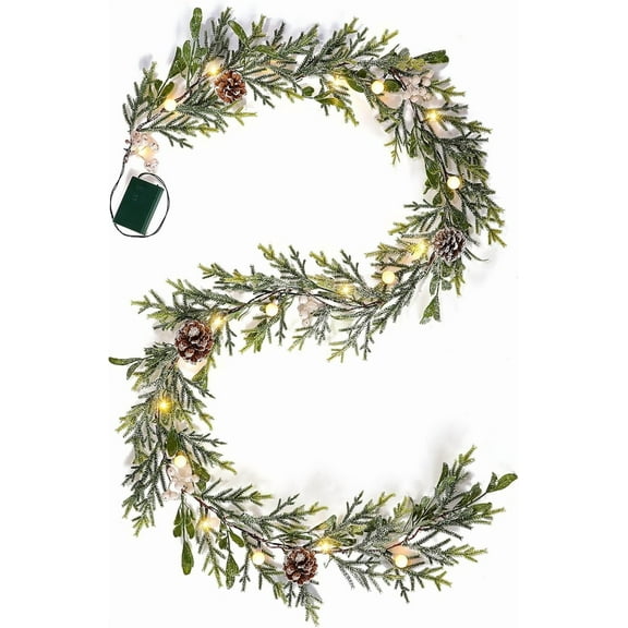 6FT Snow Cedar Pine Garland,Prelit Christmas Garland with Timer,Realistic Garlands Battery Operated for Winter Holiday Outdoor Staircase Decorations 20LED