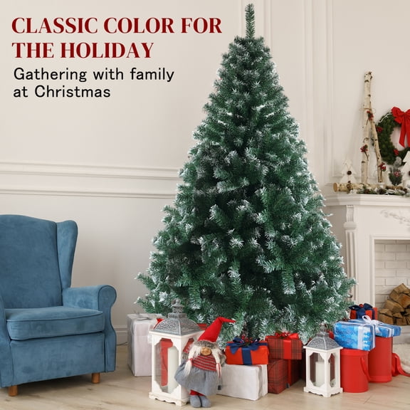 6FT Snow Flocked Artificial Christmas Tree, White Christmas Tree with 650 Branches and Metal Base, Hinged Xmas Pine Tree for Outdoor Indoor Holiday Decoration