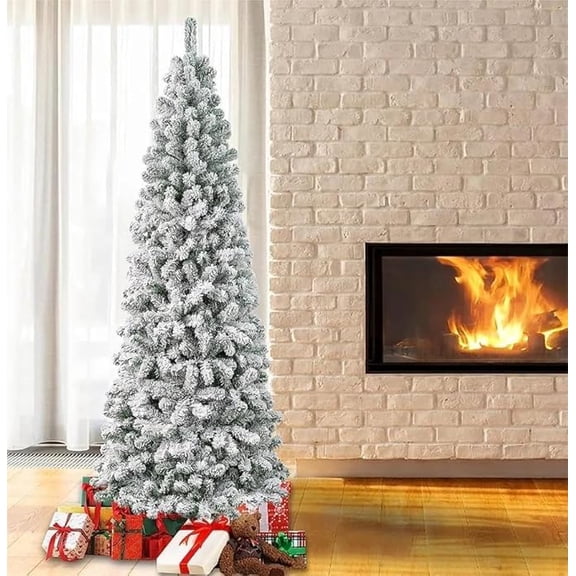 6FT Snow Flocked Christmas Tree, Artificial Xmas Pine Tree with 250 Dual Color LED Lights, Prelit Pencil Christmas Tree with Foldable Stand and On/Off Foot Pedal for Home, Office, Party Decoration