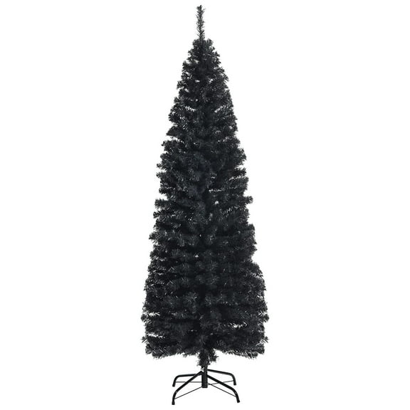 6FT Snow Flocked Pencil Slim Christmas Tree, Artificial Hinged Xmas Tree with Metal Stand, Realistic 520 Branch Tips, Tall Unlit Christmas Tree for Indoor Home Office Holiday Decor, Black