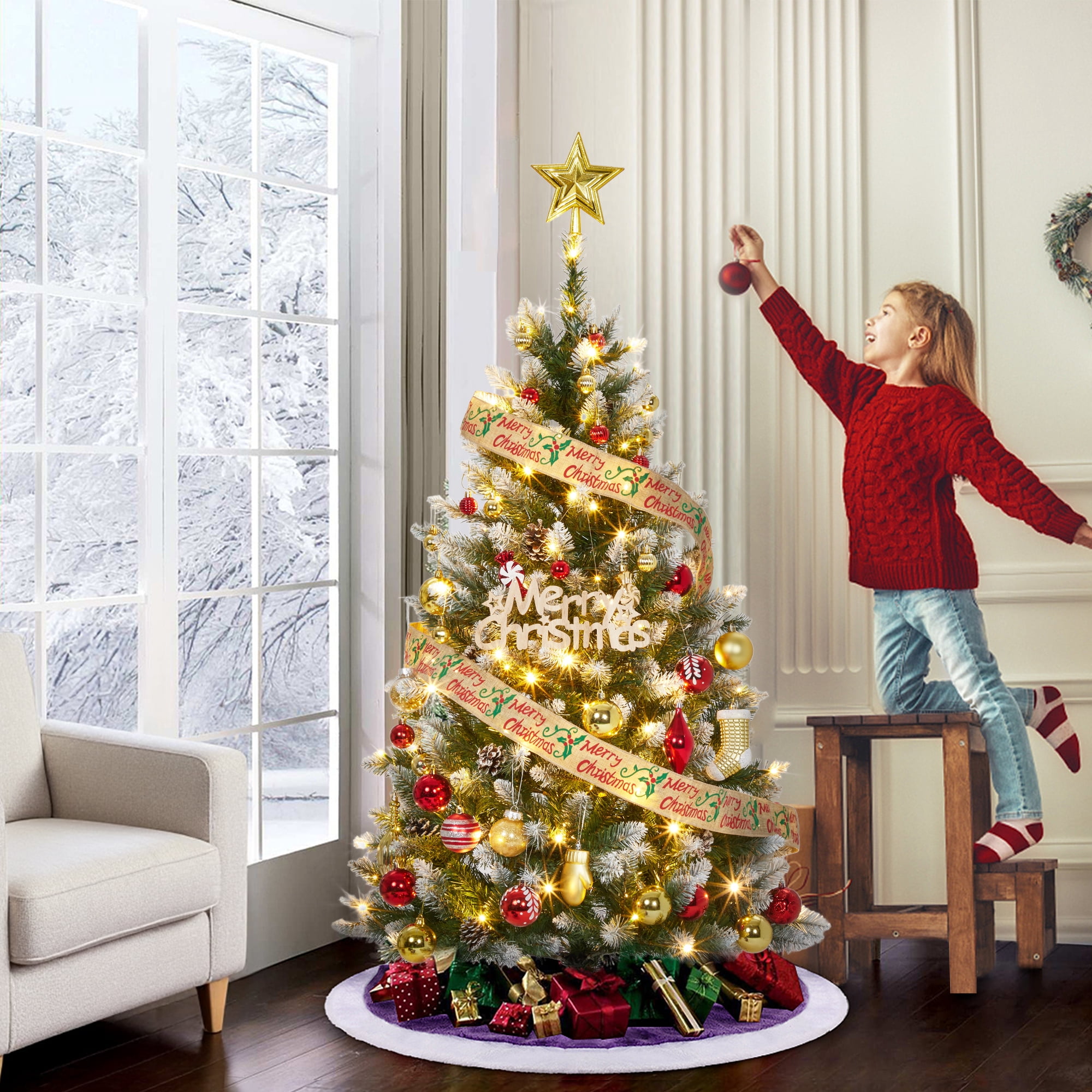6FT Snow Flocked Pencil Spruce Artificial Christmas Tree with Pinecones ...