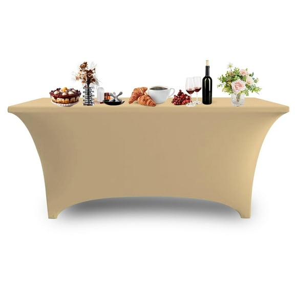 6FT Spandex Table Cover Rectangular Stretch Spandex Tablecloth, Table Clamps for Outdoor Picnic Beach Party Camping,Champagne, 1Pack
