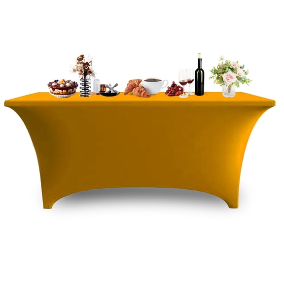 6FT Spandex Table Cover Rectangular Stretch Spandex Tablecloth, Table Clamps for Outdoor Picnic Beach Party Camping,Gold, 1Pack