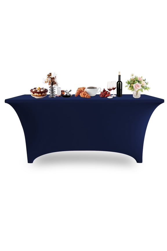 6FT Spandex Table Cover Rectangular Stretch Spandex Tablecloth, Table Clamps for Outdoor Picnic Beach Party Camping,Navy Blue,1 Pack