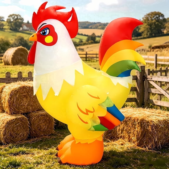 KINQUINN 6FT Spring Inflatable Chicken Outdoor Decorations, Farm Blow up Rooster with Built in LED Lights for Ranch Party Yard Patio Garden Lawn