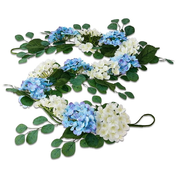 6FT Spring Summer Flower Garland for Mantle,Blue White Hydrangeas Floral Garland with Eucalyptus Leaves White Arch Flower Vine for Home Table Centrepiece Stairs Wedding Party Decorations,1PC