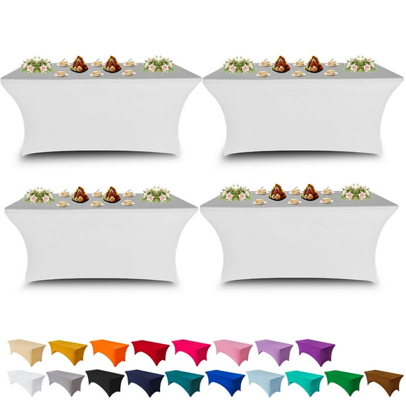 6FT Stretch Spandex Tablecloth Rectangular Fitted Table Cover for Standard Folding Tables, Universal Fit  Tablecloth for Wedding, Trade Show, Vendor Stand (White,4-Pack)