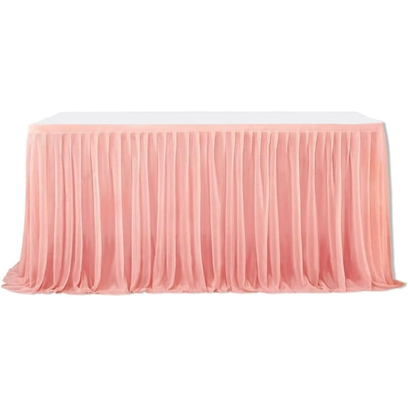 6FT Table Skirt Pink Table Skirts Tulle Rectangular Pleated Tables Desk Skirt Ruffle Tablecloth Polyester with Adhesive Tape