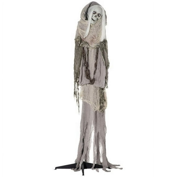 6FT Talking Halloween Animatronic Grim Reaper Decorations, Outdoor Standing Skeleton with Chain Light Up Eyes Creepy Sound Life Size Halloween Decor Haunted House Prop Yard