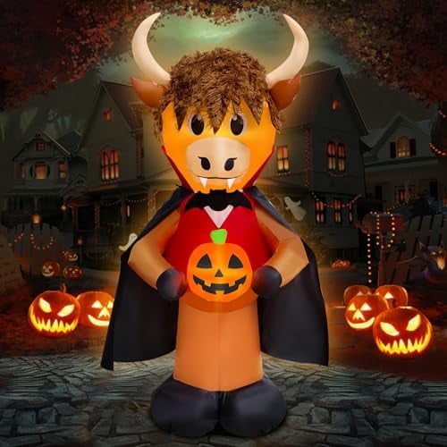 6FT Tall Halloween Inflatable Highland Cow Vampire Holding Pumpkin Decoration, Halloween Blow Up Cow Vampire Inflatables Built-in 2 Bright LEDs for Halloween Inflatable Outdoor Decoration