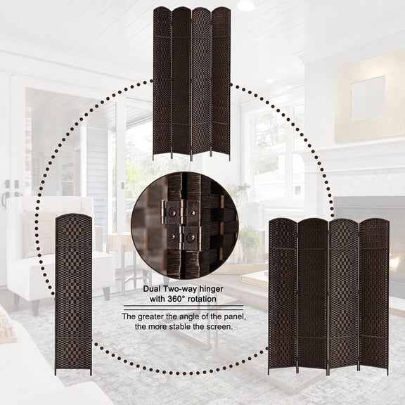 6FT Tall Room Divider Folding Privacy Screen, 6 Panel Dark Coffee Partition for Home Office Bedroom, Temporary Wall Separator with Diamond Weave Design