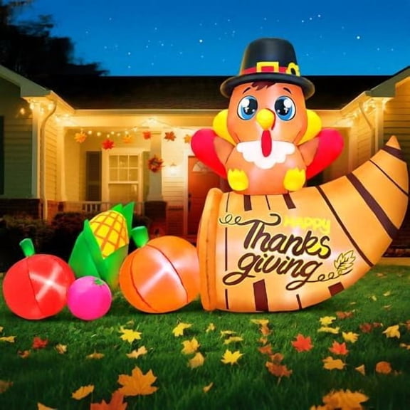 6FT Thanksgiving Inflatables Outdoor Decoration Inflatable Turkey with Cornucopla, Built in LED Lights Blow Up Yard Decorations for Fall Holiday Party Garden Lawn Dcor$$Garden & Patio