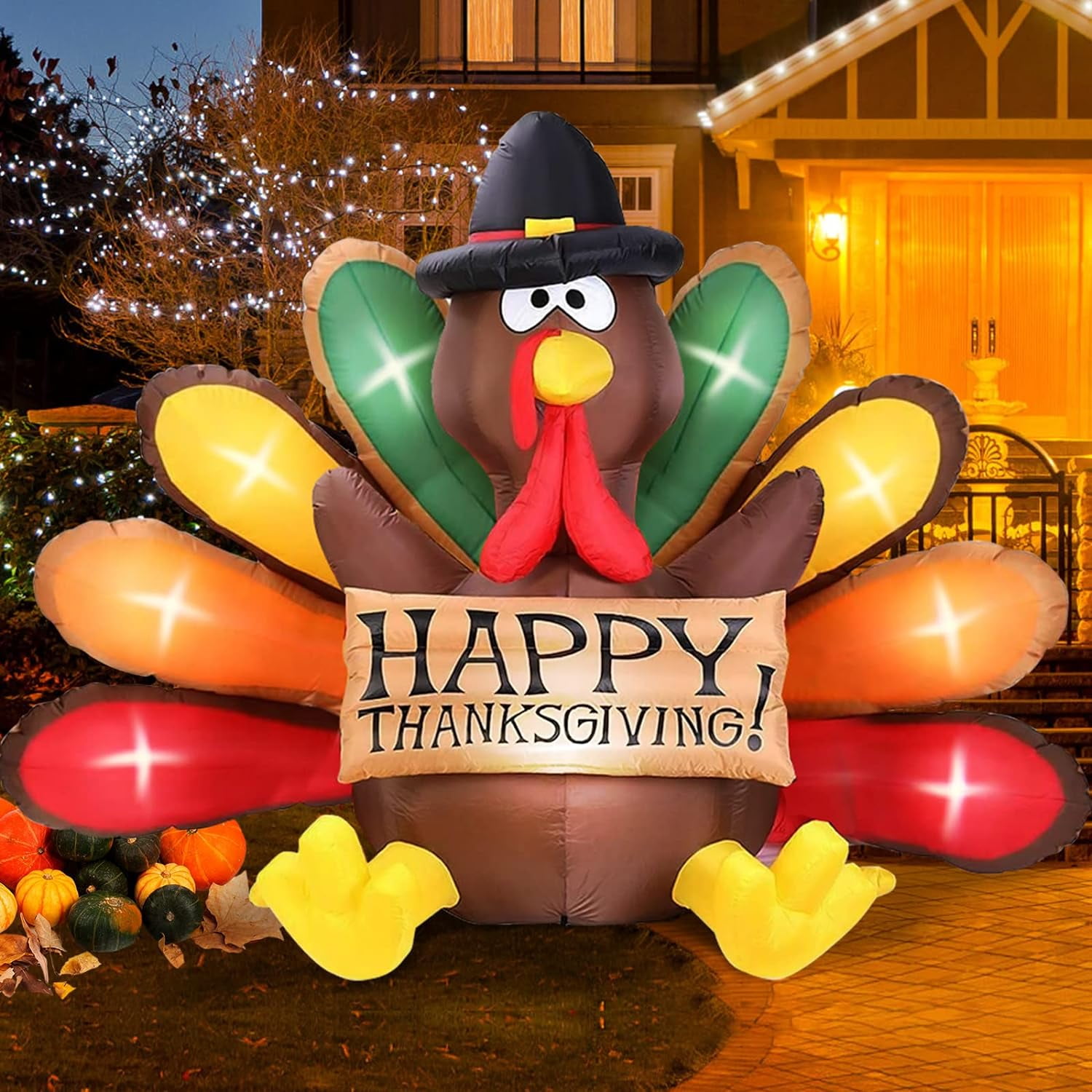 6FT Thanksgiving Inflatables Turkey Decor with Pilgrim Hat & Colorful ...