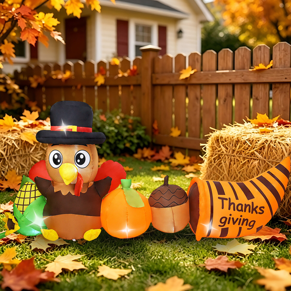 8FT Thanksgiving Inflatables Turkey Turkey Outdoor Decorations, Built in LED Lights Blow Up Turkey with Vegetables Pilgrim Thanksgiving Decor for Outside, Indoor, Lawn, Garden, Yard
