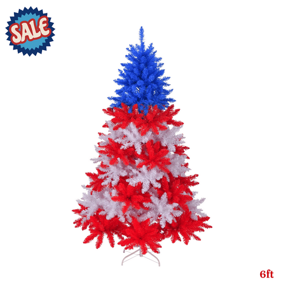 6FT Unlit Patriotic Christmas Tree – Red, White & Blue Design, 900 Branch Tips, Ideal for Year-Round Decor and National Celebrations
