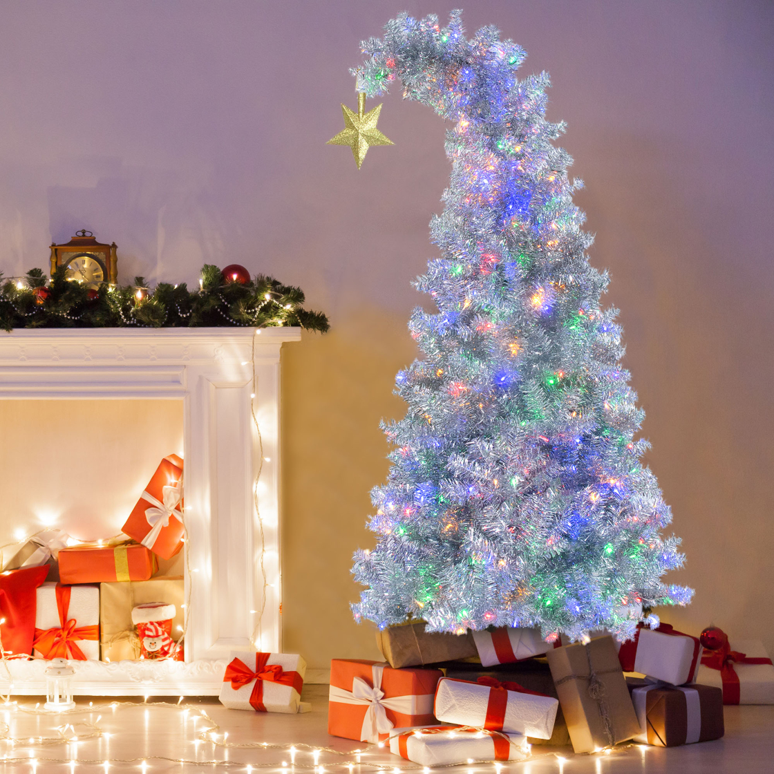 6FT White Christmas Tree with 300 Colorful LED Lights, Prelit Xmas