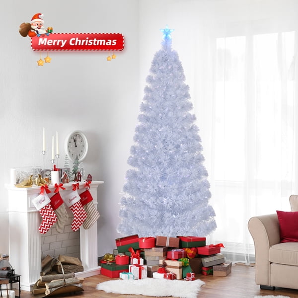 6FT White Fiber Optic Christmas Tree - 220 PVC Branch Tips, 7-Color Auto-Changing Lights, Holiday Centerpiece for Home/Living Room/Office/Entryway