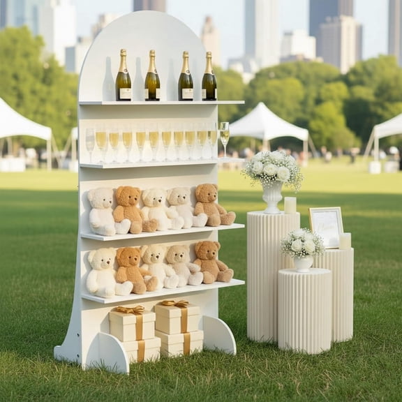 BERPET 6 ft Wooden Champagne Wall Stand, 4-Tier White Foldable Freestanding Display Shelf for Weddings, Baby Showers & Parties