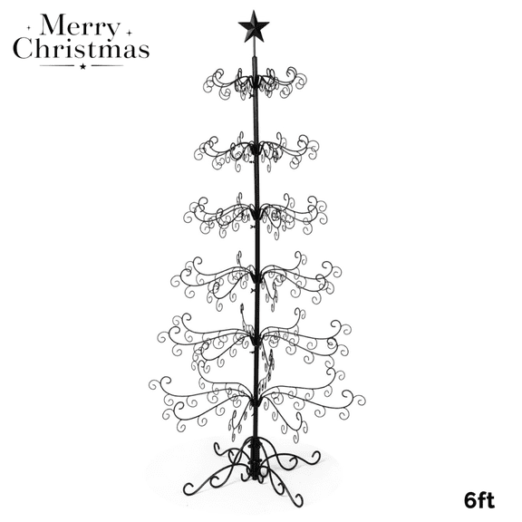 6FT Wrought Iron Ornament Display Xmas Tree Stand in Matte Black, Foldable Christmas Tree w/ 6-Tier Spiral Branches & Topper Star, Tool-Free Assembly