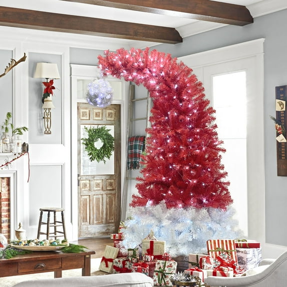 6FT Xmas Tree Bendable Santa Hat Style Christmas Tree,Holiday Decoration Hinged Fraser Fir Artificial Bent Top Christmas Tree with 1250 Lush Branch Tips,300 LED Lights X-mas for Home Office Party,Red