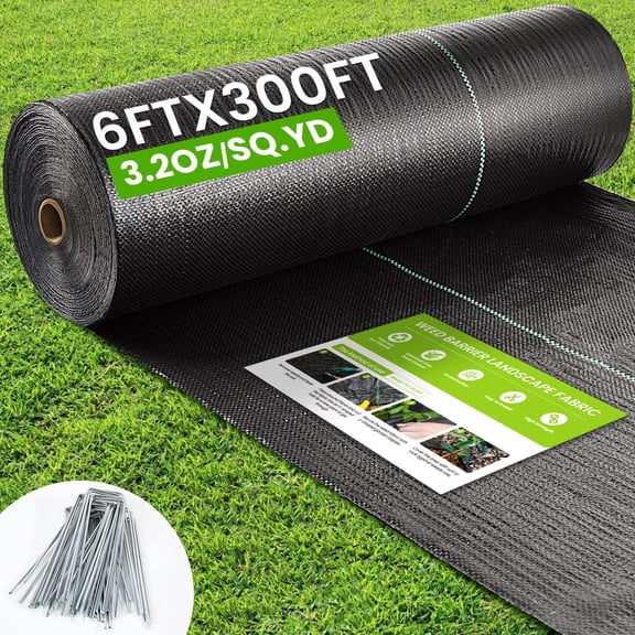 6FTX300FT Weed Barrier Fabric, 3.2oz Landscape Fabric, Durable Weed Barrier Fabric Heavy Duty with 20 U-Shaped Securing Pegs for Landscaping Weed Blocker Garden Bed Cover, Commercial Driveway