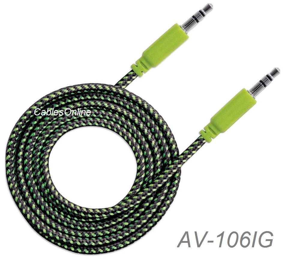 6Ft 3.5Mm Stereo Trs Male To Male Braided Audio Cable, Black/Green, 352857