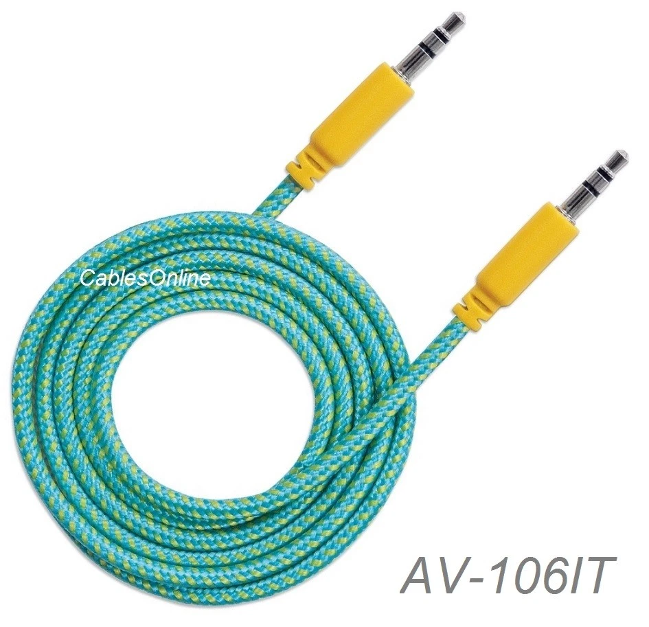 6Ft 3.5Mm Stereo Trs Male To Male Braided Audio Cable, Teal/Yellow, 352796