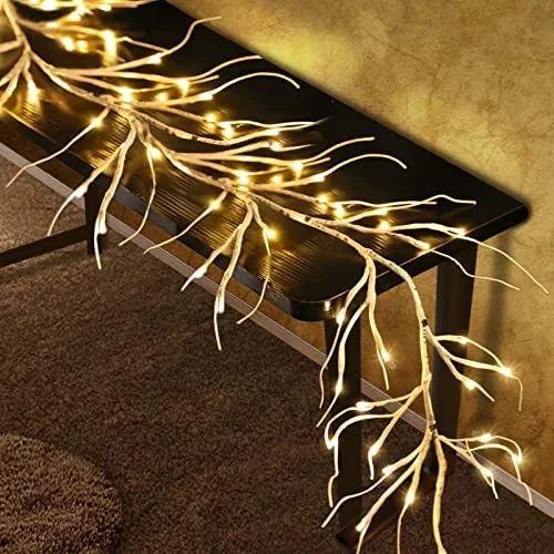 6Ft 54 LED Lighted Birch Garland Prelit Branches with Timer 8 Modes Warm White Lights Battery Operated Prelit Twig Vine Garland for Mantle Fireplace Table Christmas Decorations Indoor Outdoor White