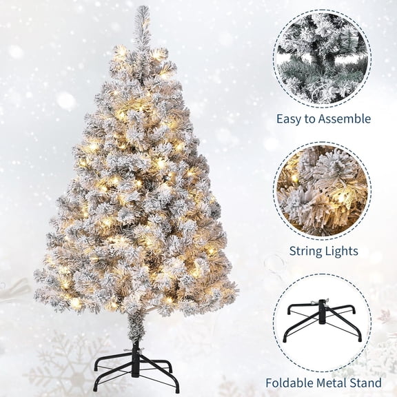 6Ft Artificial Christmas Tree, Snowy Flocked Green, 250 Warm White Lights, Quick Hinged Setup, Foldable Metal Base, Foot Pedal Control, Realistic Branch Tips, Indoor Seasonal Decor for Home, Office