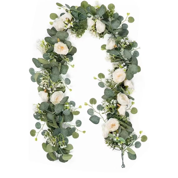 6Ft Artificial Roses Garland with 7 White Roses and Eucalyptus Leaves for Wedding Arch Decor, Table Runner, Creating A Romatic Atmosphere, Easter Party Supplies,