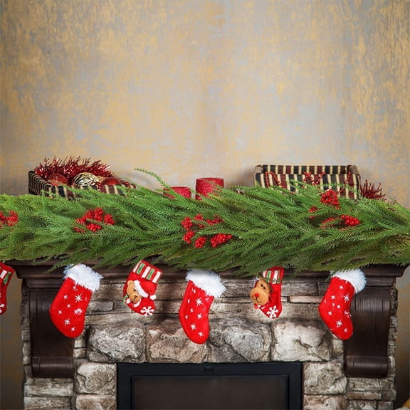 6Ft Christmas Artificial Norfolk Pines Vines Garland, Realistic Dense Cedar Garland with Red Berry, Christmas Faux Plants Decoration for Stairs Table Fireplace, Party, Holiday, Outdoor