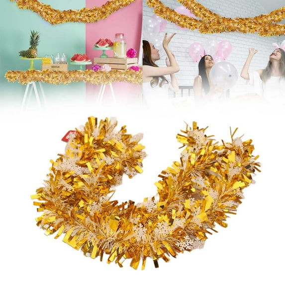 6Ft Christmas Garland Shiny Foil Metallic Snowflake Xmas Tree Garland Glitter Hanging Christmas Tree Decorations for Fireplace Mantle Stairs Xmas Wedding/ Christmas Decoration Ribbon Gold