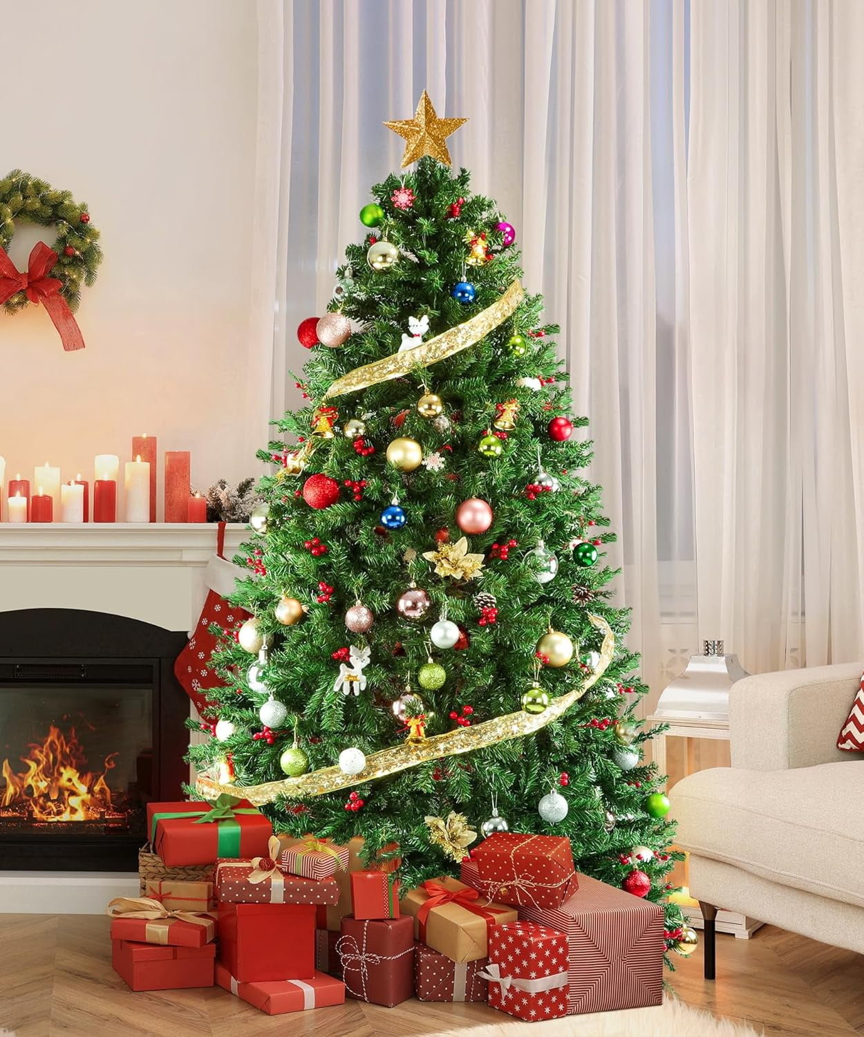 6Ft Christmas Tree, PreDecorated Artificial Full Christmas Trees 6 Foot Unlit For Home Office