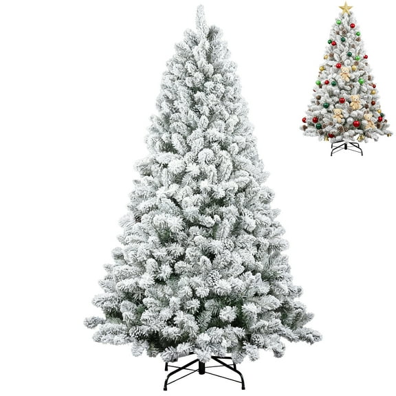 6Ft Christmas Tree,Snow Flocked Artificial Hinged Holiday Christmas Pine Tree,Xmas Tree w/1100 Snow Flocked Branch Tips for Home,Office,Party Decoration