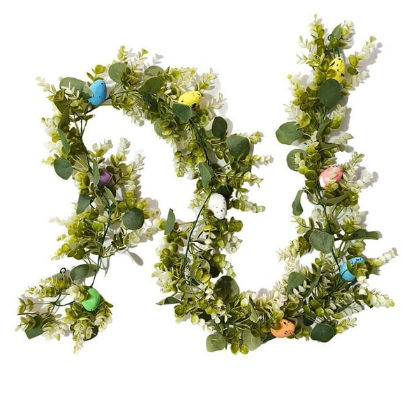 6Ft Easter Artificial Lambs Ear Greenery Garlands with Egg Decorations, Flocked Green Leaves Vines Garlands, Faux Lambs Ear Vine for Home Farmhouse Wedding Party Mantle Decor