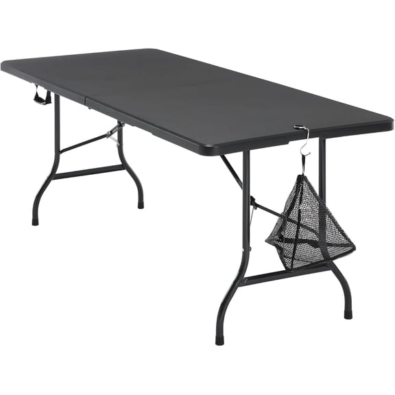 6Ft Folding Picnic Table, Indoor Outdoor Plastic Portable Foldable Desk with Handle, Mesh Trash Bag & Lock Legs Heavy Duty for Camping, Dining & Party, Black