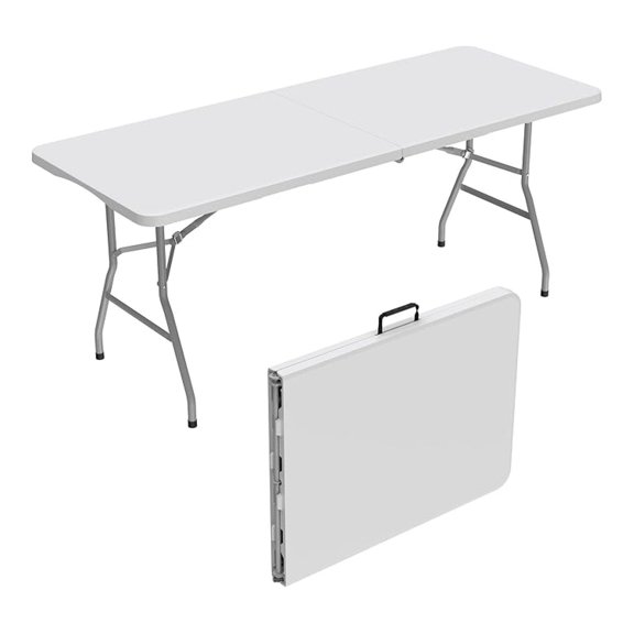 6Ft Folding Table for Indoor Outdoor, Fold-in-Half Portable Plastic Dining Table with Carrying Handle for Picnic Party Camping, White