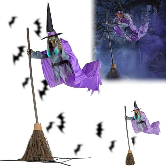 6Ft Halloween Flying Witch Decor,Outdoor Animatronic Witch on Broom with Light-Up Eyes and Scary Sound Activation Function Decor, Halloween Witch Decorations for Yard Props House Decor