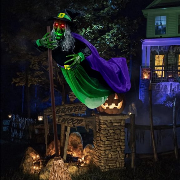 6Ft Halloween Outdoor Decoration witch, Talking Animated Witch Light Up Eyes Sound Activated, Halloween Decorations Outside Indoor Animatronics Haunted House Props for Garden Yard La(Green)