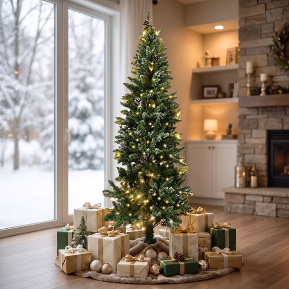 Loende 6ft Prelit Pencil Christmas Tree, 618 Branch Tips Artificial Christmas Tree with 200 LED Warm White Lights 8Modes