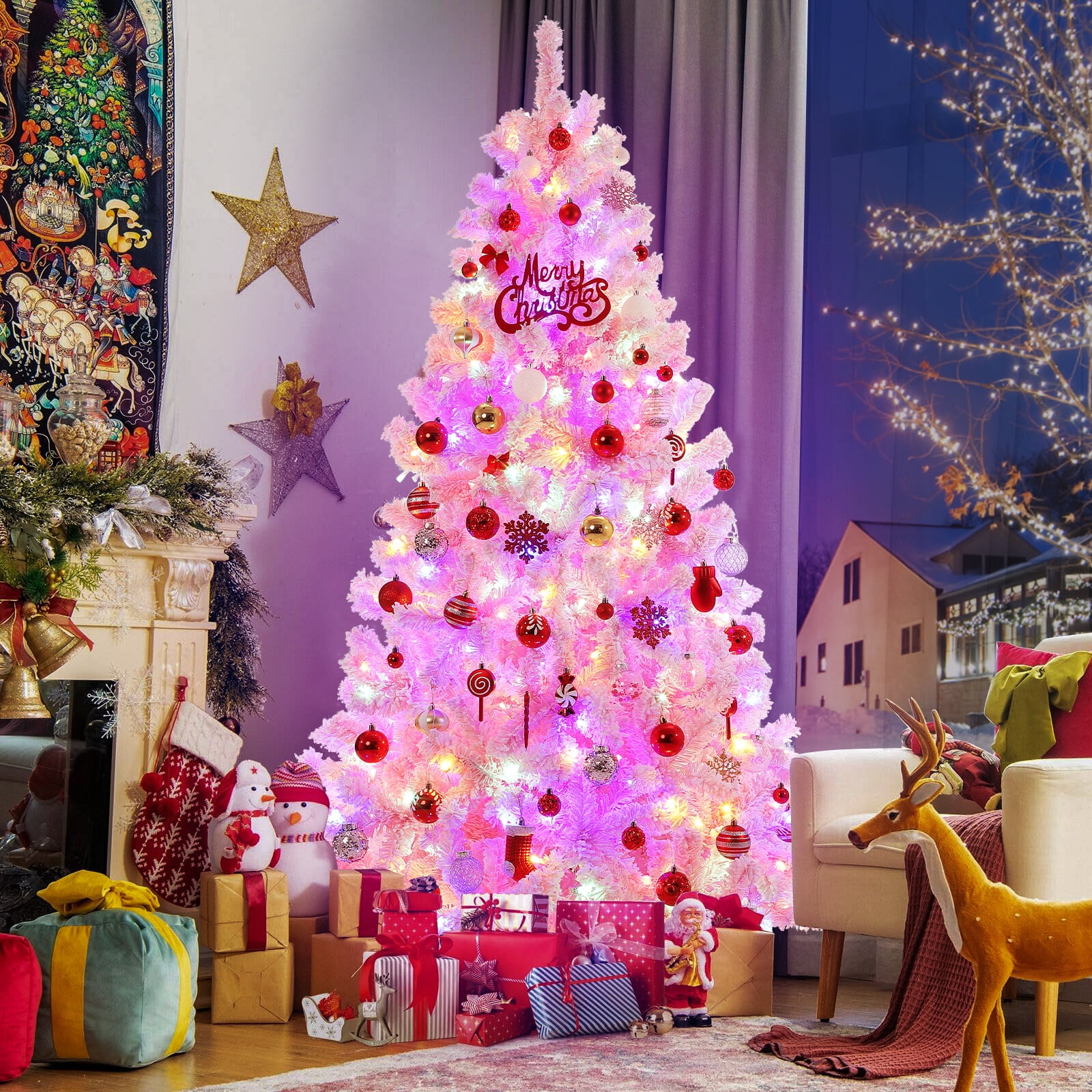 6-Foot Pink Snow Flocked Christmas Tree with Multi-Color LED Lights