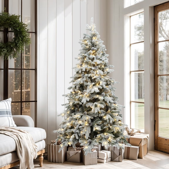 6Ft Pre-Lit Flocked Artificial Pine Christmas Tree with Pinecones