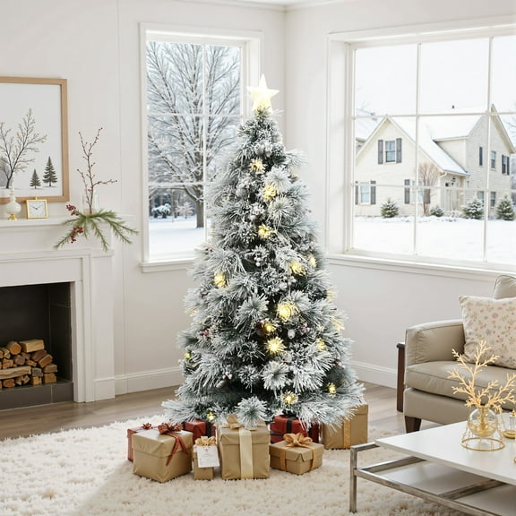6Ft Pre-Lit Pine Needle Mixed Fiber Optic Artificial Tree with Star Top