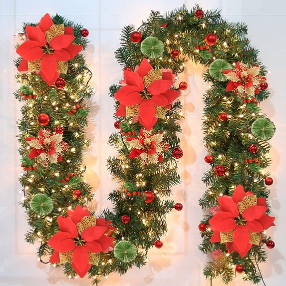 6Ft Pre-lit Christmas Garland with LED Lights Battery Operated, Holiday Decoration Stairs Wall Mantle Door Indoor Outdoor, Decorated with Red Flower, Balls, Berries, Snowy Pine, Christmas Collection