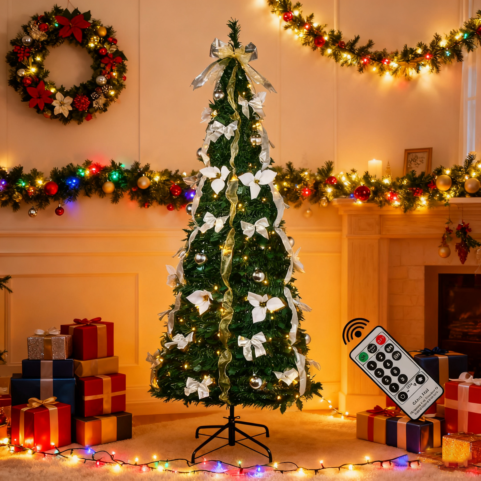 6Ft Pre-lit Pull Up Christmas Tree with Remote Fully Decorated w/ 200 ...