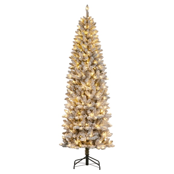 6Ft Prelit Snow Flocked Pencil Christmas Tree, Slim Artificial Xmas Tree with 170 Warm White Lights, 332 Snow Branch Tips, Metal Stand for Home, Office, Party Decoration
