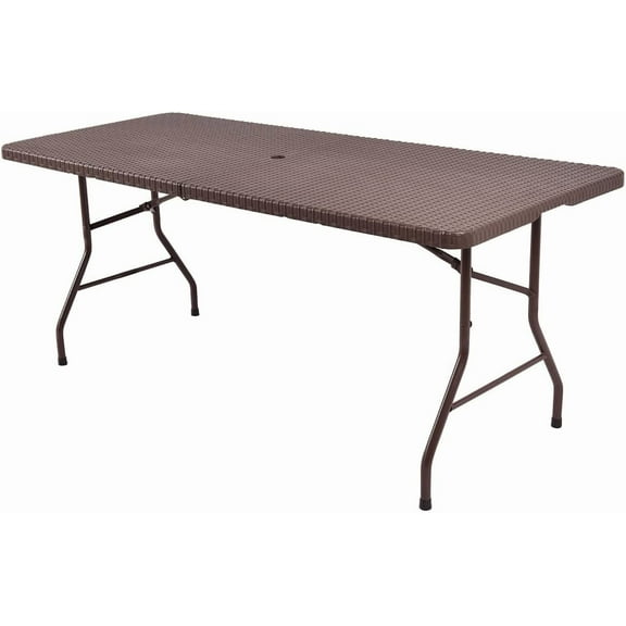 6Ft Rattan Folding Table, Indoor Outdoor Portable Foldable Table with 1.8 Inch Umbrella Hole, Heavy Duty Metal Frame, Carrying Handle for Camping Picnic Backyard BBQ