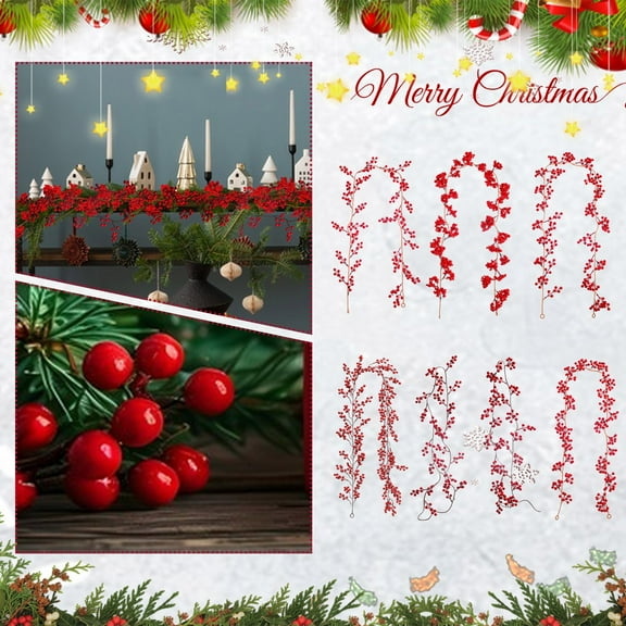 6Ft Red Berry Christmas Garlands Decorations, Red Fruit Canes Christmas Garlands, Christmas Red Fruit Canes Atmosphere Decoration, Artificial Winter Garlands for Mantle, Winter Xmas Decoration