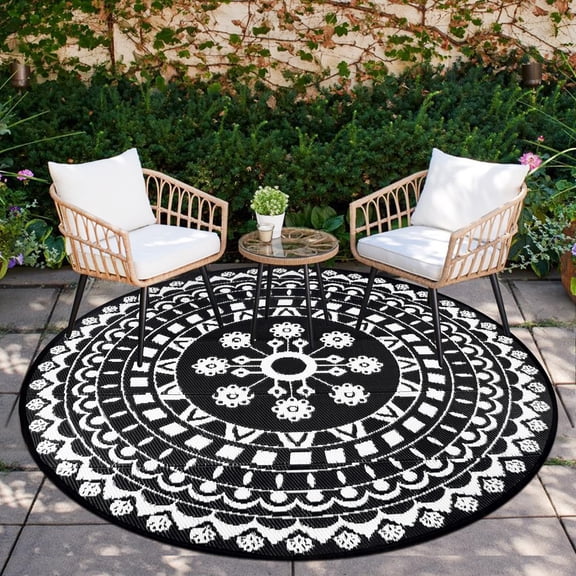 6Ft Round Outdoor Rug for Patio Reversible Mat Boho Circle Indoor Outside Area Rug Waterproof Plastic Straw Rug for RV Camping Picnic Pool Tent Beach Deck Balcony Doormats Decor, Black